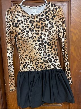 Leopard Print Long Sleeve Dress with Black Skirt